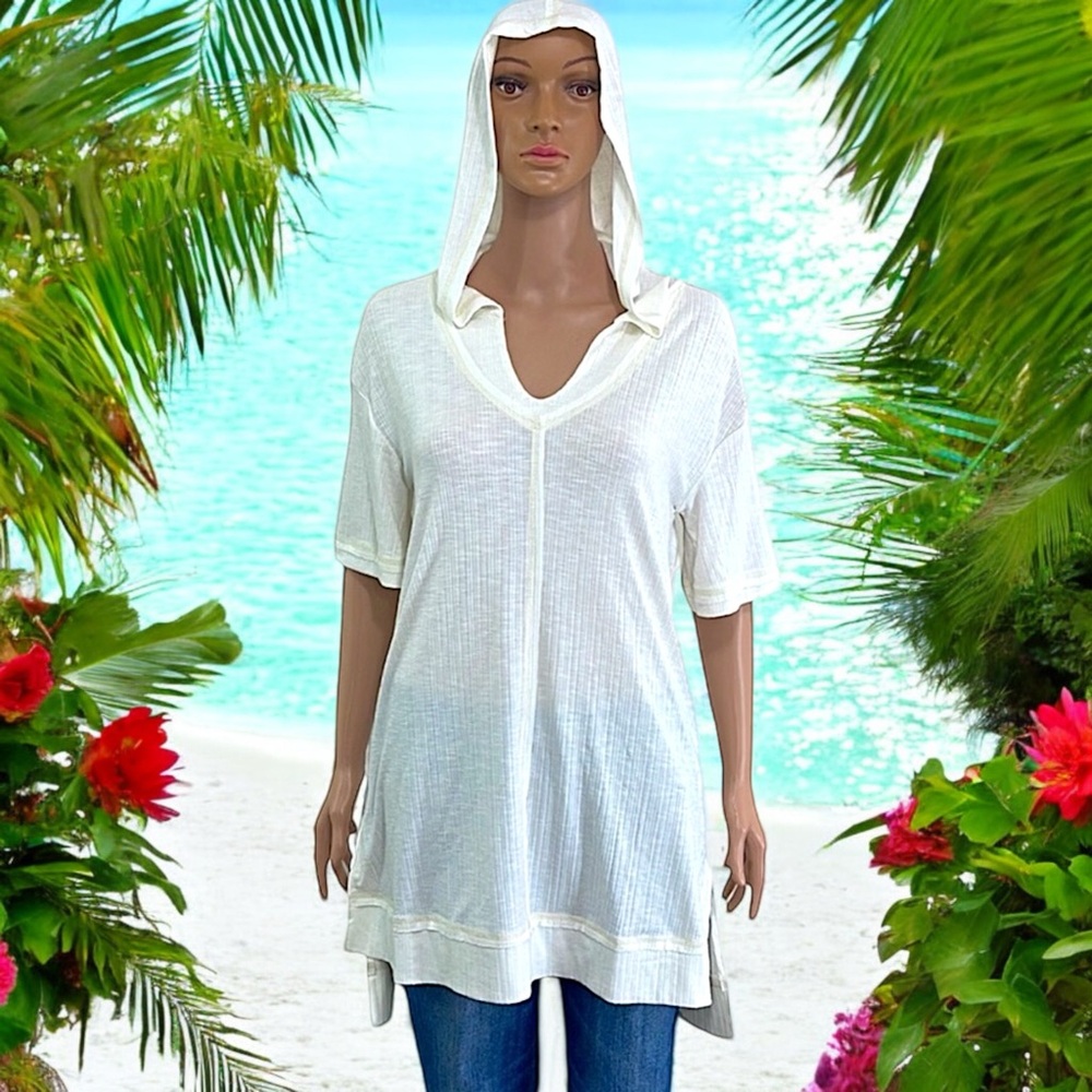 NEW Mur Mur Off-White Ribbed Short Sleeve Hooded Swimsuit Coverup - Picture 2 of 16